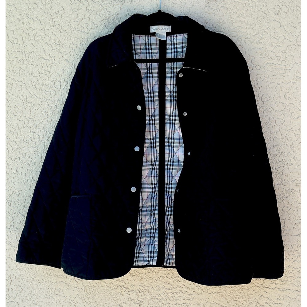 VTG Casual Corner Barn Jacket Womens L Black Quilted Plaid Lined Equestrian Coat